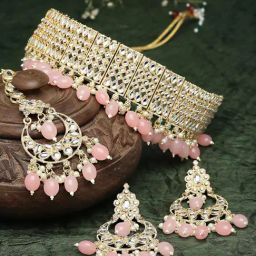 Zeneme Gold Plated White Pink Kundan Studded Pearl Beaded Jewellery Set-picture-44