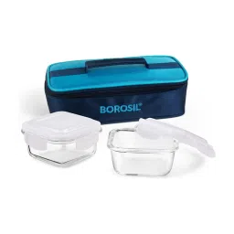 Borosil Blue Glass Leak Proof Lunch Box with Bag - Set of 2 (320 ml) image 2