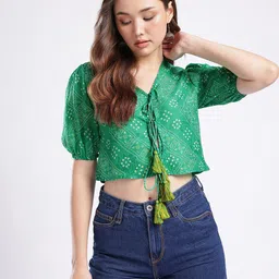 fusion by glitchez Bandhani Printed Puff Sleeve Crop Top image 4