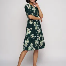 DressBerry Women Floral Print Puff Sleeve Crepe Knee Length Fit & Flare Dress image 2