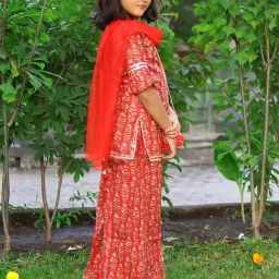 Piccolo Girls Red Three Fourth Frill Sleeves Botanical Floral Printed Kurta Sharara Set image 3