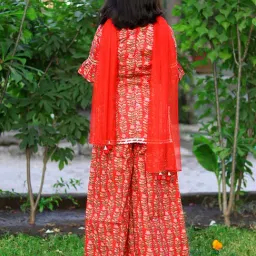 Piccolo Girls Red Three Fourth Frill Sleeves Botanical Floral Printed Kurta Sharara Set image 2