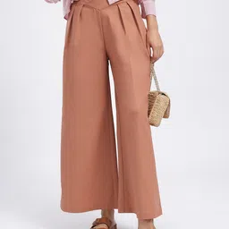 glitchez Women Rust Radiance Pleated High-Waist Trousers-image-40