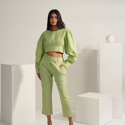Aamili Pure Cotton Puff Sleeves Crop Top With Trousers-picture-32