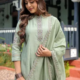 J.KANJI Women Ethnic Motifs Embroidered Regular Thread Work Kurta with Trousers & With Dupatta image 4