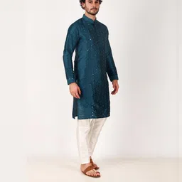 PulseIQ Men Teal Art Silk Kurta Sets image 2