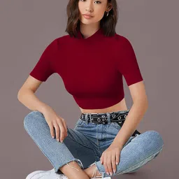 dream beauty fashion Dream Beauty top-53-bullet-maroon Women High Neck Fitted Crop Top-picture-11