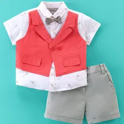 ToffyHouse 100% Cotton Woven Half Sleeves Party Shirt & Shorts Set with Attached Waistcoat & Bow - White & Red-image-76