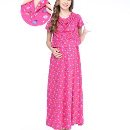 Bella Mama 100% Cotton Knit Half Sleeves Concealed Zipper Nursing Nighty Floral & Heart Print - Pink-picture-9