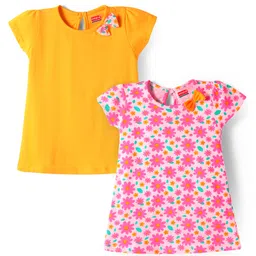 Babyhug Single Jersey Knit Half Sleeves Frocks With Floral Print & Bow Applique Pack of 2 - Yellow & Pink-picture-31