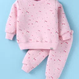Teddy Fleece Knit Winter Night Suit with Floral Print - Pink-picture-11
