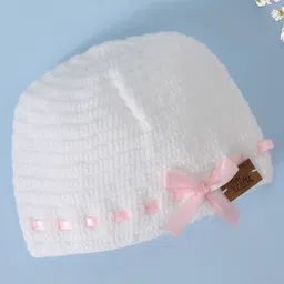 Funkrafts Handmade Woollen Solid Bow Designed Beanie Cap - White & Pink-image-96