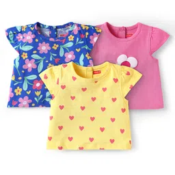 Babyhug Cotton Knit Cap Sleeves T-Shirts with Floral & Hearts Print Pack of 3 - Yellow Blue & Pink-picture-19