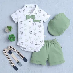 BUMZEE Cotton Knit Half Sleeves Palm Tree Printed Onesie & Short Set with Suspender Bow & Hat - White & Green-picture-10