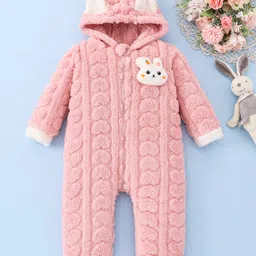 Mark & Mia Full Sleeves Front Open Hooded Winter Wear Romper with Bunny Applique - Pink-picture-14