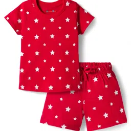Kookie Kids India Single Jersey Knit Half Sleeves Co-ords Shorts Night Suit With Star Print - Red-picture-38