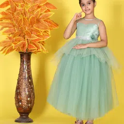 Toy Balloon Kids Net Woven Sleeveless Floral Applique Detailed & Sequins Embellished Layered Gown - Green-picture-34