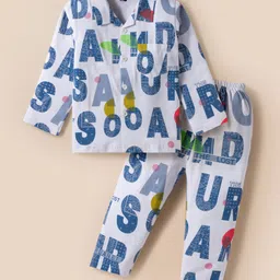 Evimo Single Jersey Knit Full Sleeves Co-Ord Night Suit With Text Print - White & Blue-picture-17