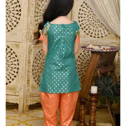 Saka Designs By Sapna Cold Shoulder Ruffle Half Sleeves Ethnic Motif Foil Printed & Lace Embellished Kurta & Tulip Pant - Teal Green & Orange image 3