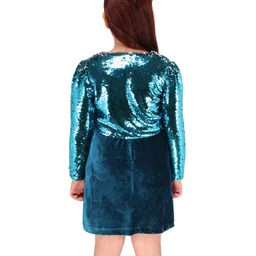 Cutecumber Solid Shift Dress With Full Sleeves Sequins Embellished Shrug - Teal Blue image 3