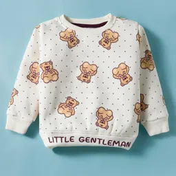 Little Darlings Fleece Knit Full Sleeves Co-ords Night Suit With Animal Print - Off White image 2