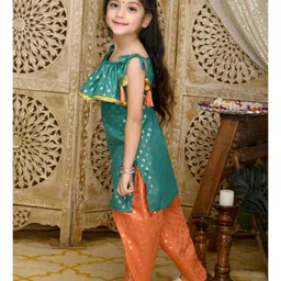 Saka Designs By Sapna Cold Shoulder Ruffle Half Sleeves Ethnic Motif Foil Printed & Lace Embellished Kurta & Tulip Pant - Teal Green & Orange image 4