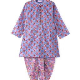 Babyhug Cambric Woven Full Sleeves Floral Printed Kurta Pyjama Set - Blue image 3