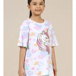Kidsville Cotton Half Sleeves Unicorn Printed & Sequins Embellished Tee - White image 4
