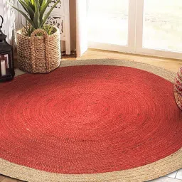 Red Geometric Jute 4 ft x 4 ft Hand Woven Carpet by HabereIndia image 1