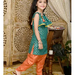 Saka Designs By Sapna Cold Shoulder Ruffle Half Sleeves Ethnic Motif Foil Printed & Lace Embellished Kurta & Tulip Pant - Teal Green & Orange image 5