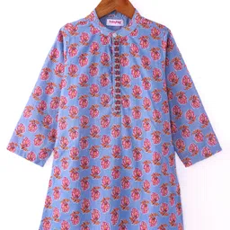 Babyhug Cambric Woven Full Sleeves Floral Printed Kurta Pyjama Set - Blue image 4