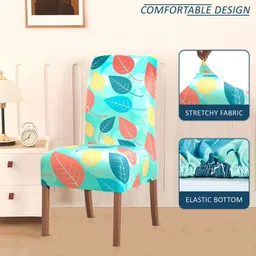 Aura Set Of 4 Green & Orange-Colored Leaf Printed Stretchable Chair Covers image 4