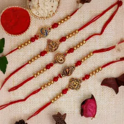 eCraftIndia Set of 5 Red & Golden Om Symbol and Lord Ganesha Religious Rakhis image 2