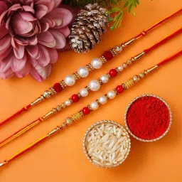 eCraftIndia Set of 3 Pearls Beads Rakhis for Brothers with Sibling Agreement & Roli Chawal Pack image 2
