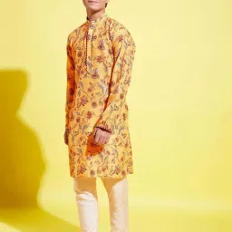 VASTRAMAY Boys Mustard & Cream Floral Full Sleeves Kurta Sets image 2