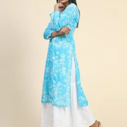 House Of Kari Noor Printed Mul Embroidered Kurta Lt. Blue image 2