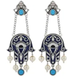 Voylla Silver Boho Tribe Midnight Hamsa Oxidised Drop Earrings image 4