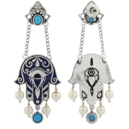 Voylla Silver Boho Tribe Midnight Hamsa Oxidised Drop Earrings image 5
