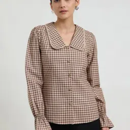 Fablestreet Beige Cotton Relaxed Fit Checked Top-image-2