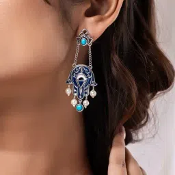 Voylla Silver Boho Tribe Midnight Hamsa Oxidised Drop Earrings image 2