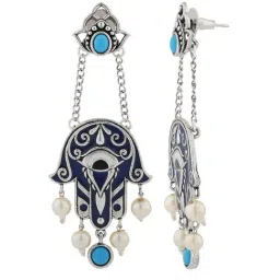 Voylla Silver Boho Tribe Midnight Hamsa Oxidised Drop Earrings image 3