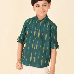 Fabindia Kids Dark Green Printed Full Sleeves Shirt-image-51