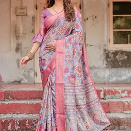 MAHARANI COUTURE Floral Printed Art Silk Banarasi Saree With Stitched Blouse image 5
