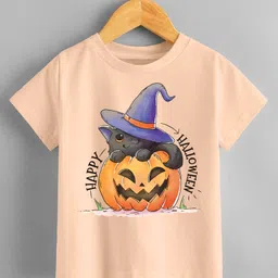 KNITROOT Halloween Theme Half Sleeves Happy Halloween Text Printed Tee - Peach-picture-11