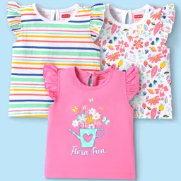 Babyhug Cotton Knit Frill Sleeves Floral Printed T-Shirts Pack of 3 - Multicolour-picture-19