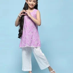 BIBA Sleeveless Floral Embroidered Cotton Suit Set - Purple-picture-26