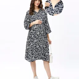 Bella Mama Woven Three Fourth Sleeves Maternity Shirt Dress with Leafy & Floral Print - Navy Blue-picture-29