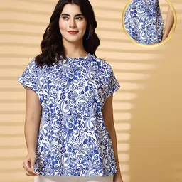 Zelena 100% Cotton Half Sleeves Floral Printed Maternity Zipless Feeding Top With Nursing Access - White & Blue-image-28