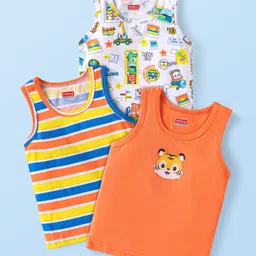 Babyhug 100 % Cotton Knit Sleeveless Sando with Animal Print & Stripes Pack of 3 - Orange & White-picture-11