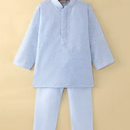 Ridokidz Full Sleeves Floral Foil Embroidered Kurta & Pyjama Set - Light Blue-picture-26